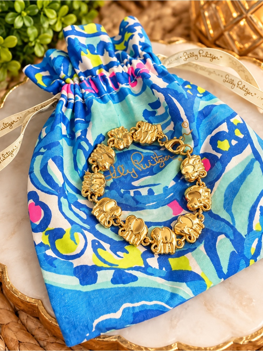 Lilly Pulitzer Gold-Tone Elephant Link Bracelet with Lilly Dust Bag EUC